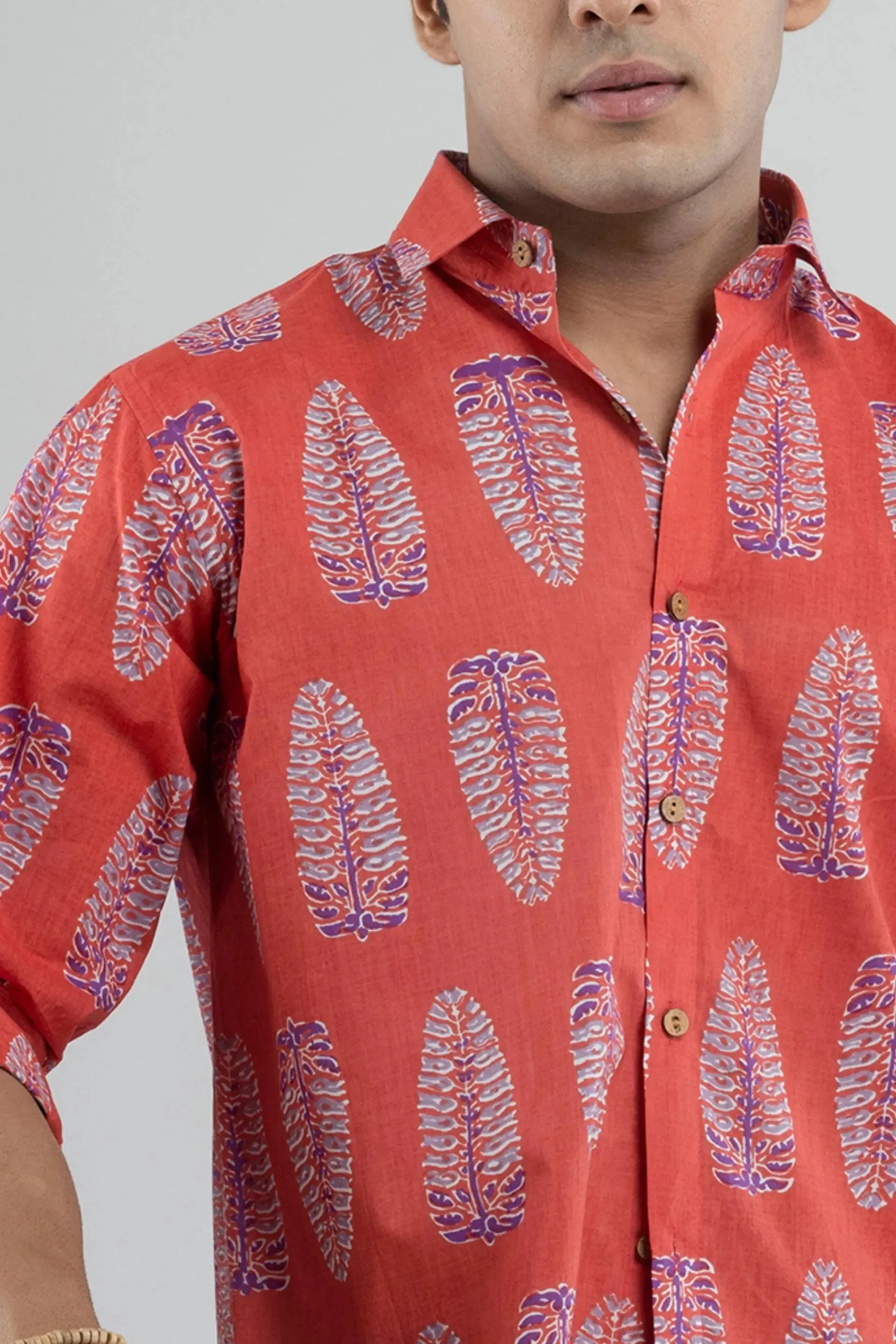Firangi Yarn Ethnic Motif Block Printed Shirt For Men In Gajri Red-Full Sleeves