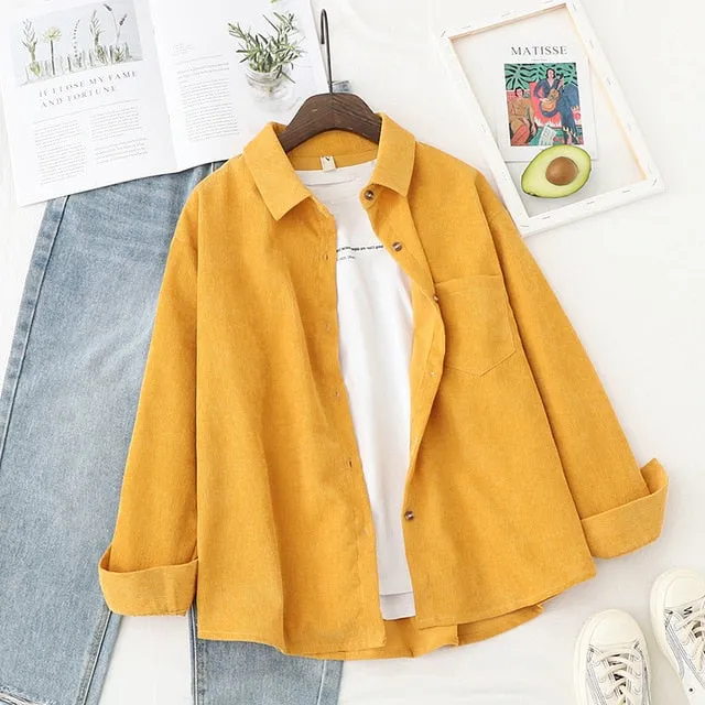 Women Corduroy Blouse Shirt Tunic Long Sleeve Button Up Down Loose Top